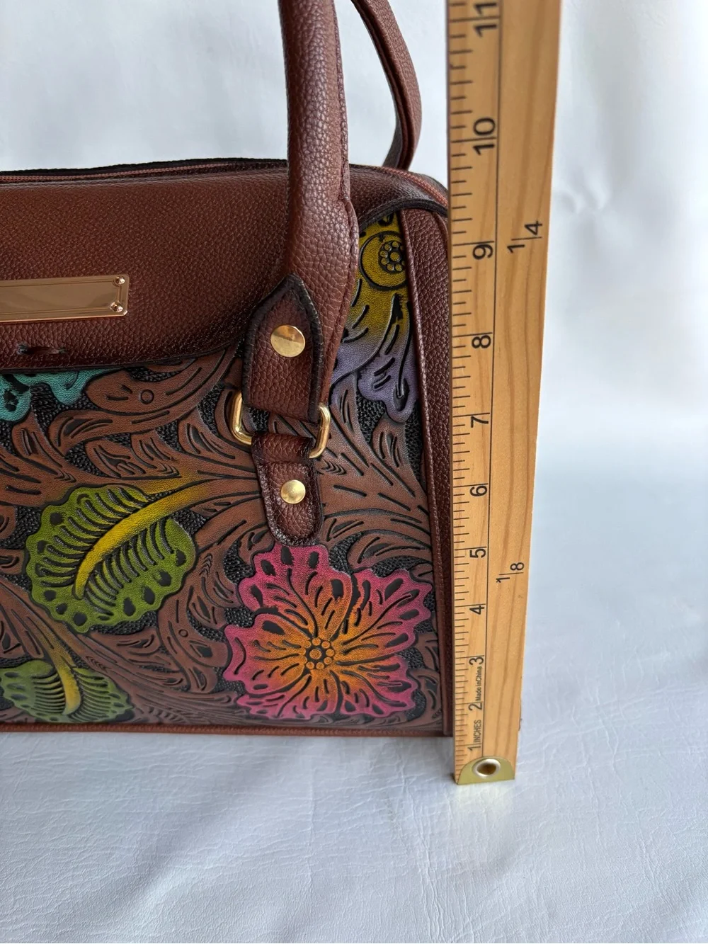 Artisanal Handmade Tooled Vegan Leather Satchel Brown handbag Women Floral